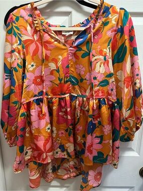 Umgee Mustard Multi Floral Ruffled Peasant Top